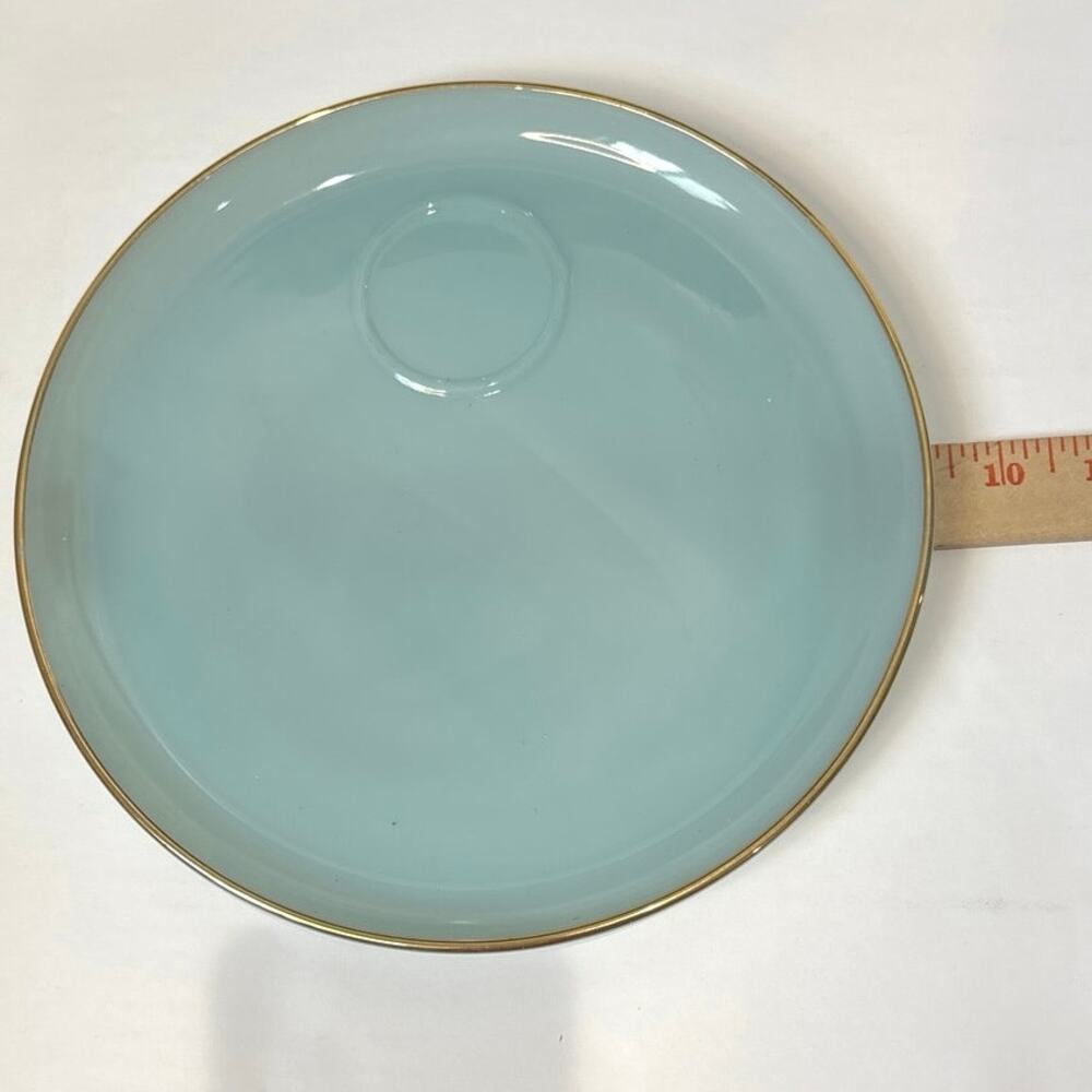 Vintage Blue Milk Glass Fire King Snack Plate Set of (7) Gold Rimmed 1950s